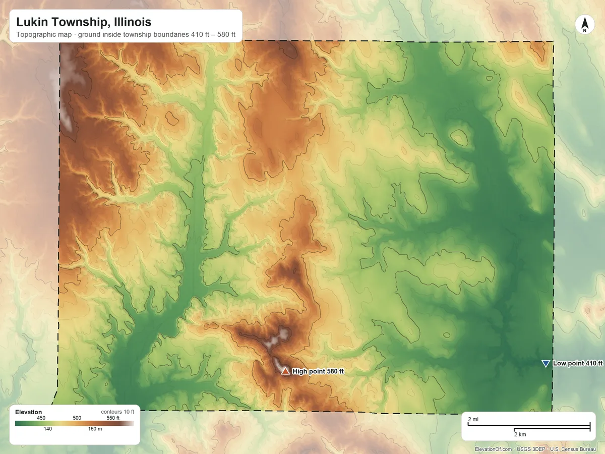 Topographic elevation map of Lukin Township, Illinois, shaded from 410 ft on the southeast side to 580 ft on the south side