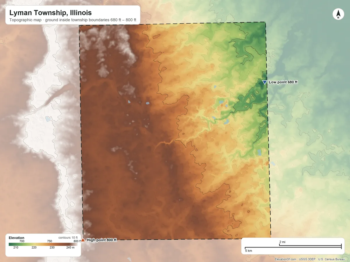 Topographic elevation map of Lyman Township, Illinois, shaded from 680 ft on the northeast side to 800 ft on the southwest side