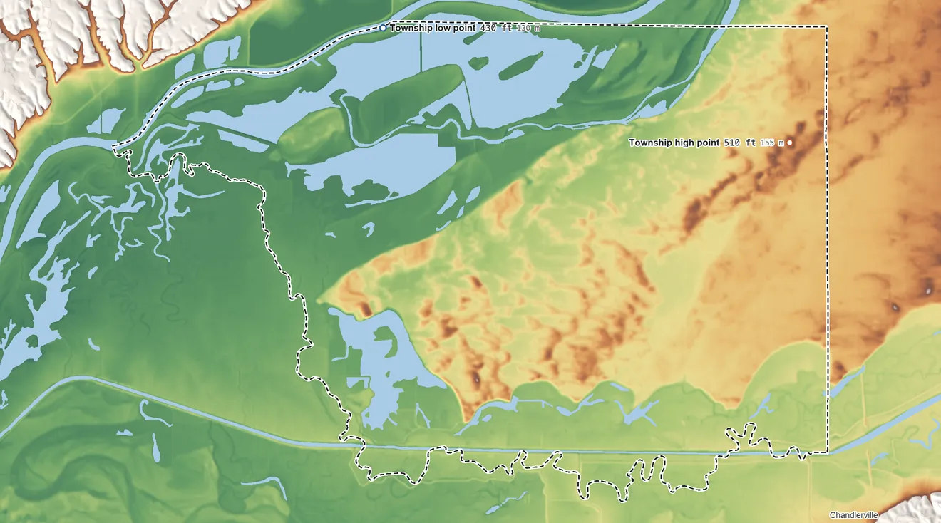 Topographic elevation map of Lynchburg Township, Illinois, shaded from 430 ft on the northwest side to 510 ft on the east side