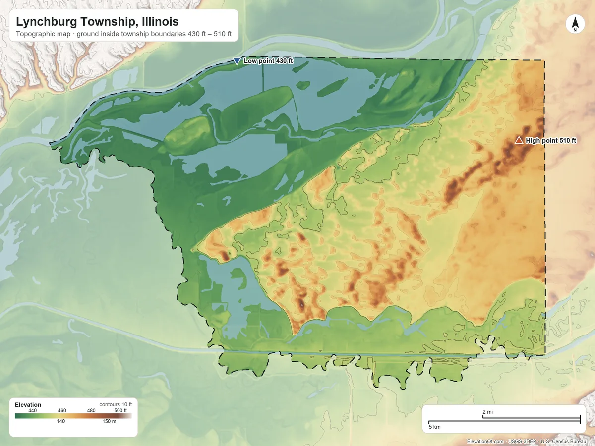 Topographic elevation map of Lynchburg Township, Illinois, shaded from 430 ft on the northwest side to 510 ft on the east side