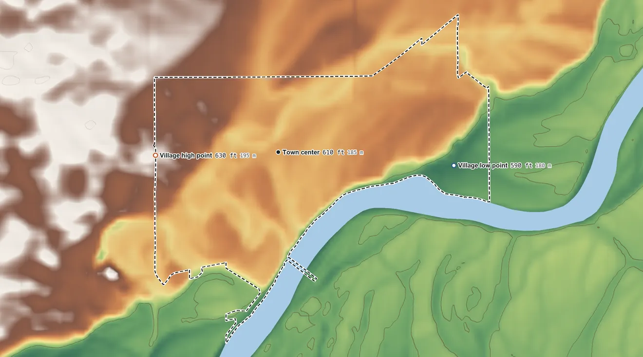 Topographic elevation map of Lyndon, Illinois, shaded from 590 ft on the east side to 630 ft on the west side