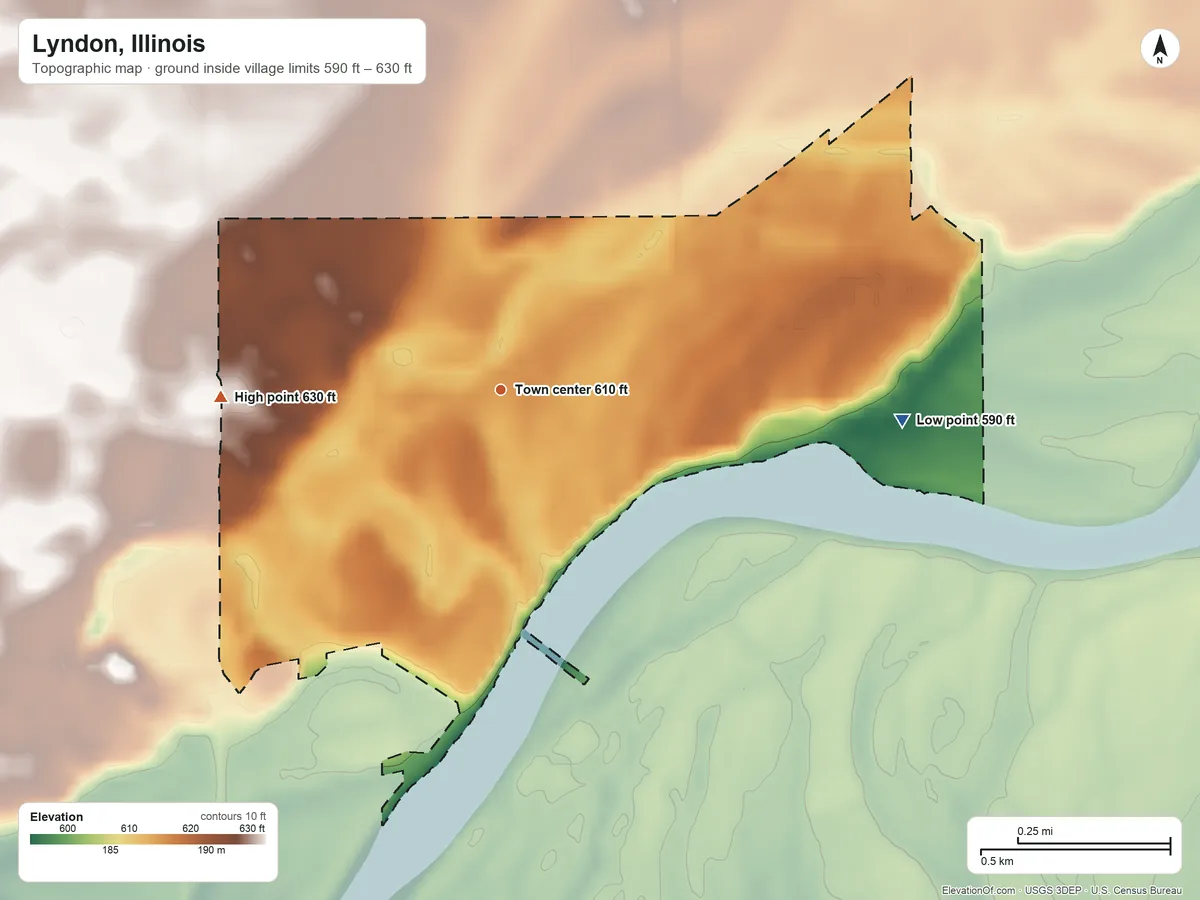 Topographic elevation map of Lyndon, Illinois, shaded from 590 ft on the east side to 630 ft on the west side