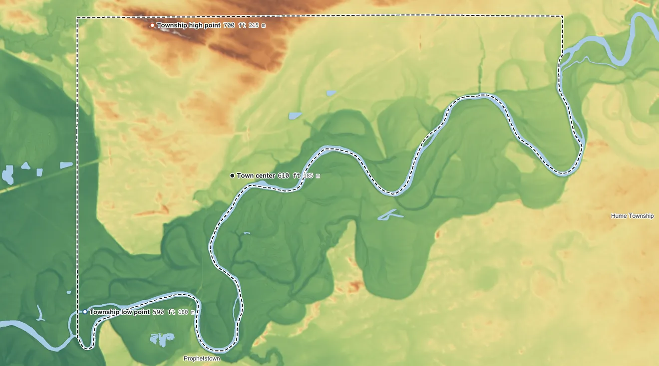 Topographic elevation map of Lyndon Township, Illinois, shaded from 590 ft on the southwest side to 700 ft on the northwest side