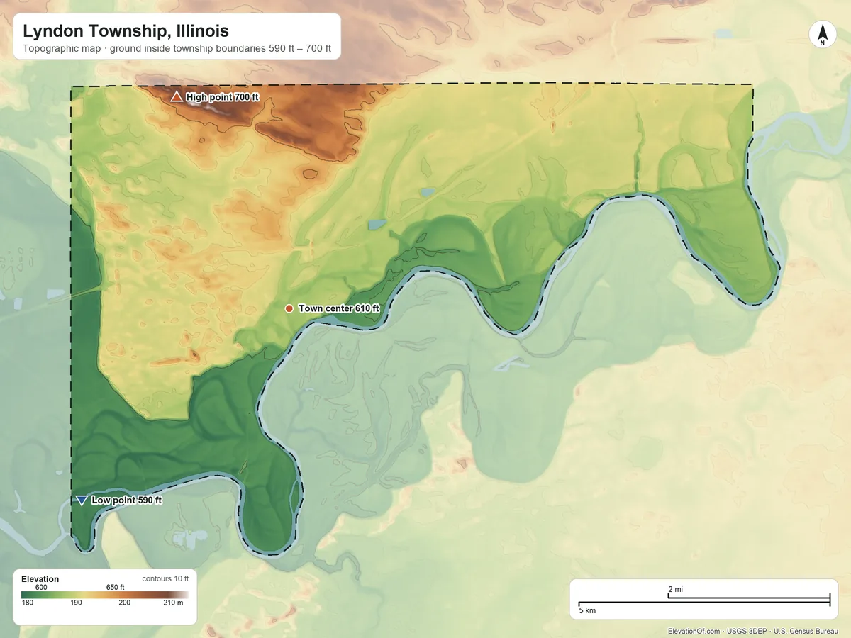 Topographic elevation map of Lyndon Township, Illinois, shaded from 590 ft on the southwest side to 700 ft on the northwest side