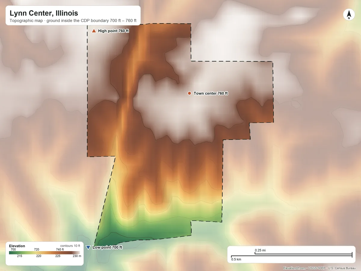 Topographic elevation map of Lynn Center, Illinois, shaded from 700 ft on the southwest side to 760 ft on the northwest side