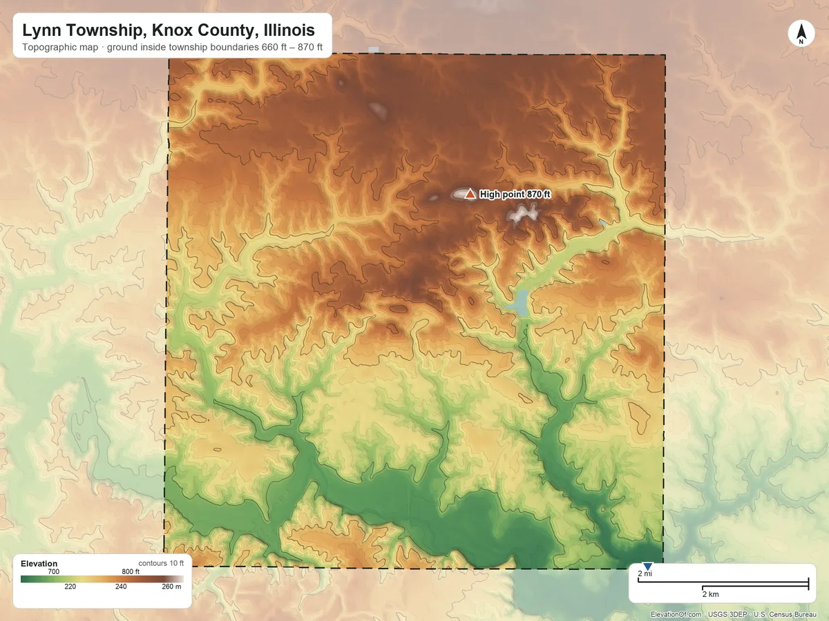Topographic elevation map of Lynn Township, Knox County, Illinois, shaded from 660 ft on the southeast side to 870 ft on the north side