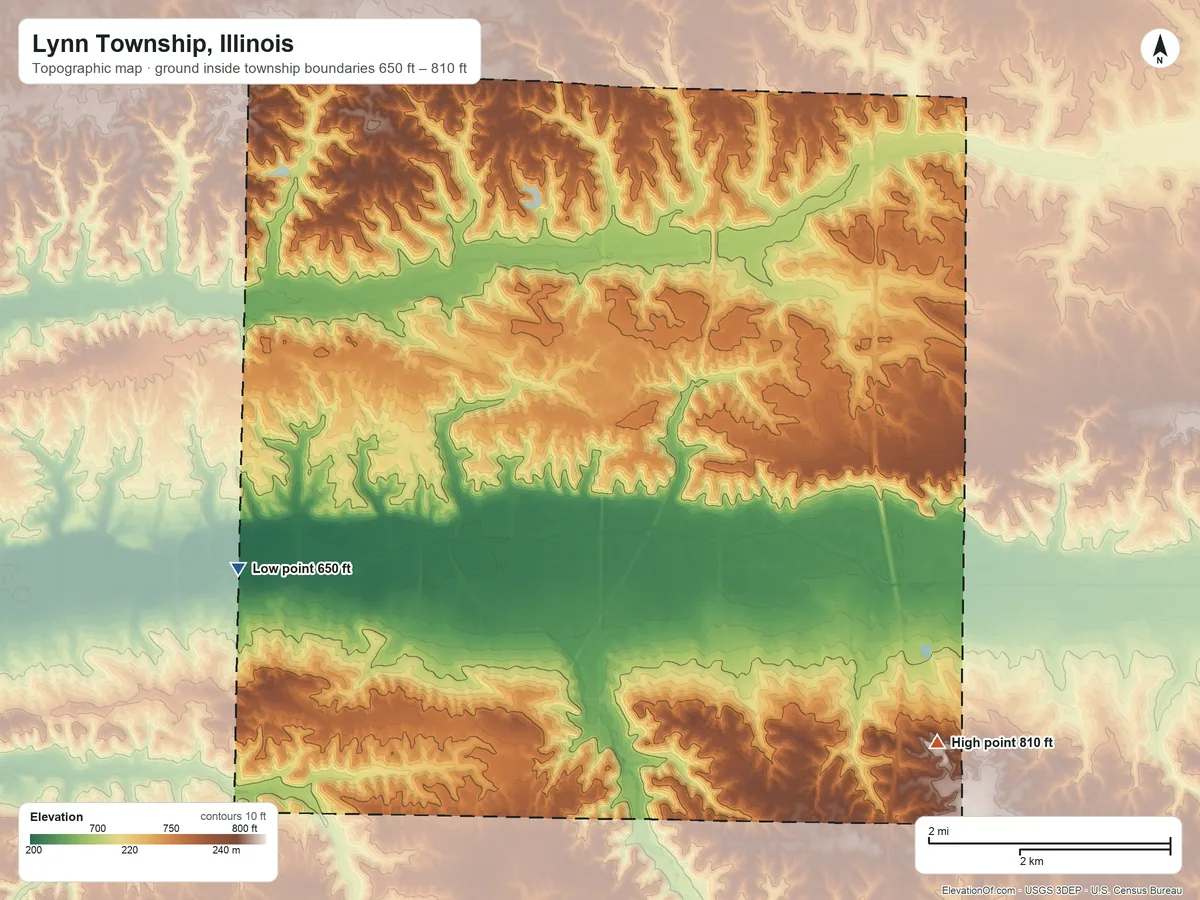Topographic elevation map of Lynn Township, Illinois, shaded from 650 ft on the southwest side to 810 ft on the southeast side