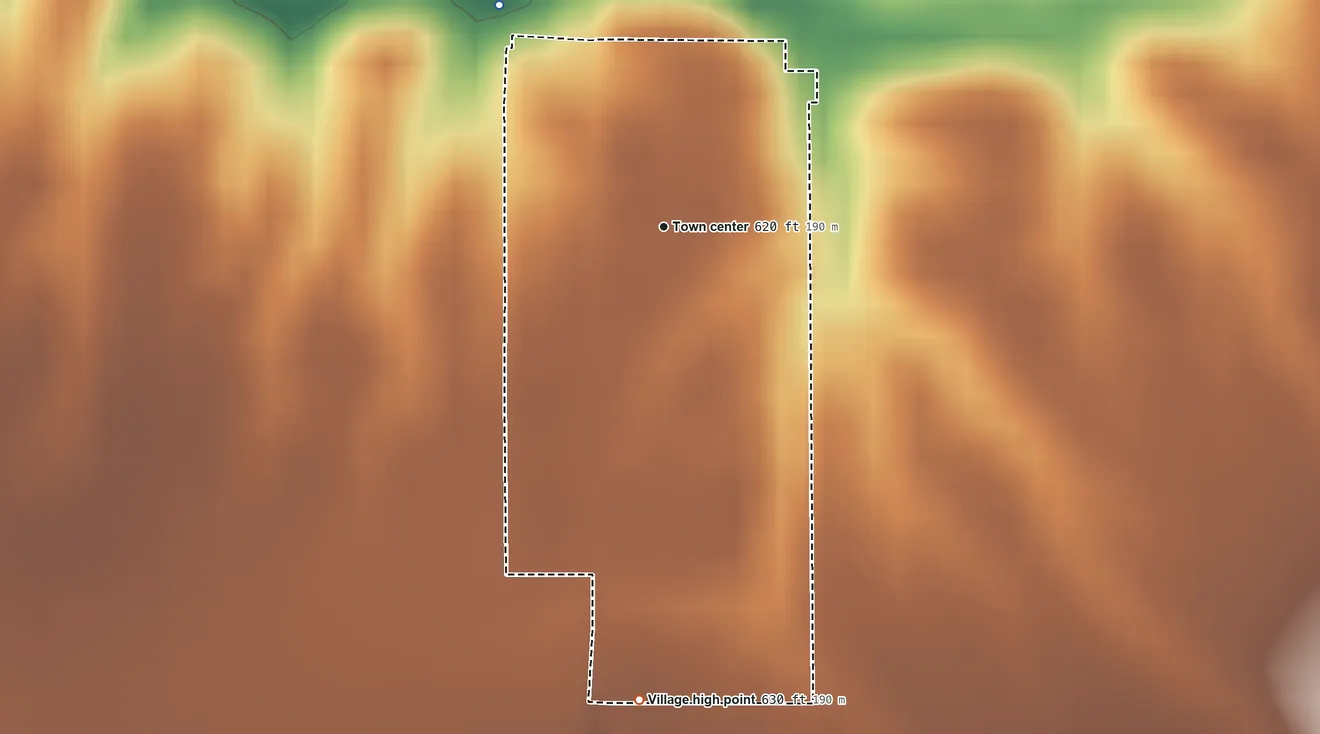 Topographic elevation map of Lynnville, Illinois, shaded from 600 ft on the northwest side to 630 ft on the south side