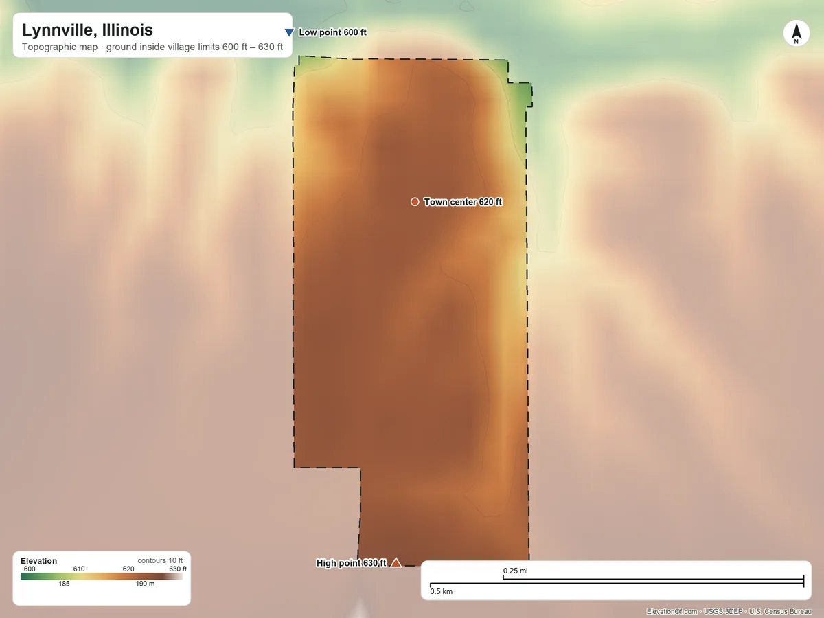 Topographic elevation map of Lynnville, Illinois, shaded from 600 ft on the northwest side to 630 ft on the south side
