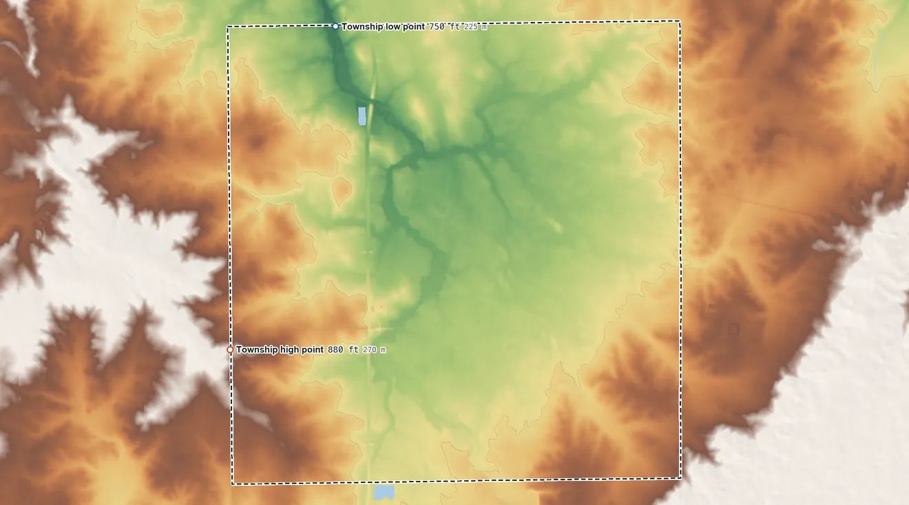 Topographic elevation map of Lynnville Township, Illinois, shaded from 750 ft on the northwest side to 880 ft on the southwest side