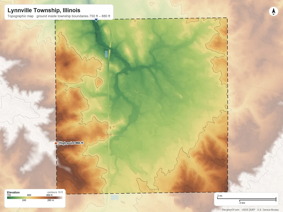 Topographic elevation map of Lynnville Township, Illinois, shaded from 750 ft on the northwest side to 880 ft on the southwest side