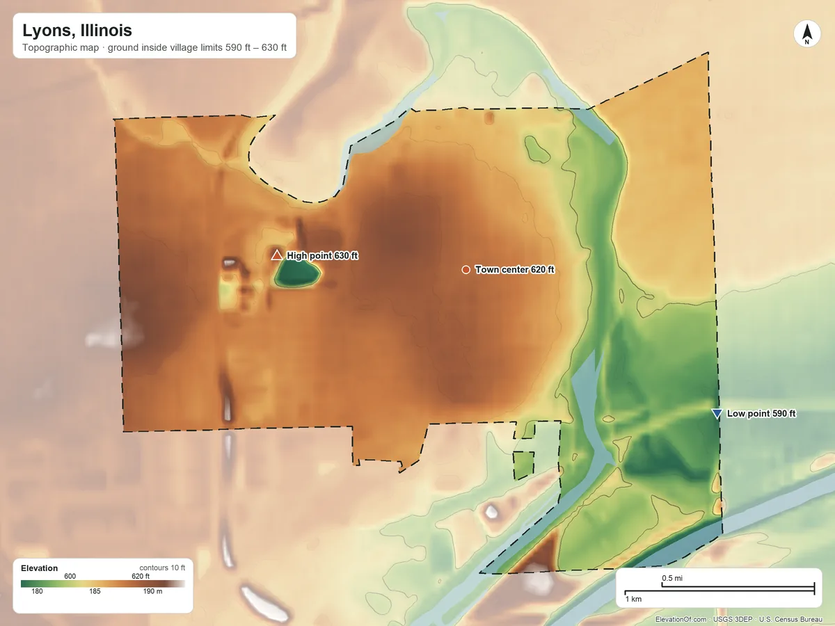 Topographic elevation map of Lyons, Illinois, shaded from 590 ft on the southeast side to 630 ft on the west side