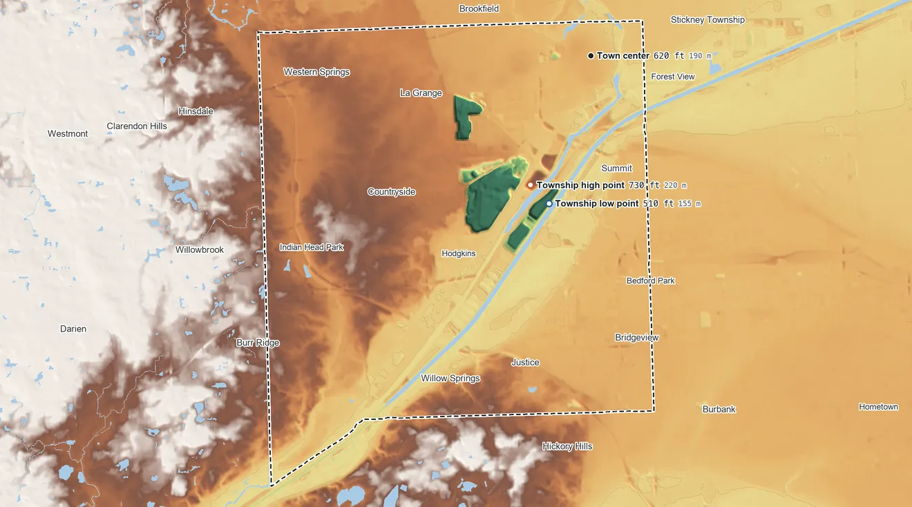 Topographic elevation map of Lyons Township, Illinois, shaded from 510 ft on the south side to 730 ft on the southwest side