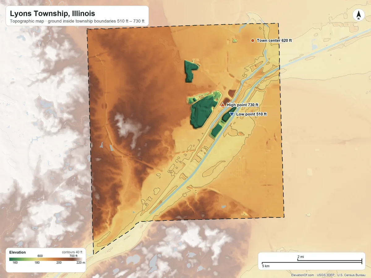 Topographic elevation map of Lyons Township, Illinois, shaded from 510 ft on the south side to 730 ft on the southwest side
