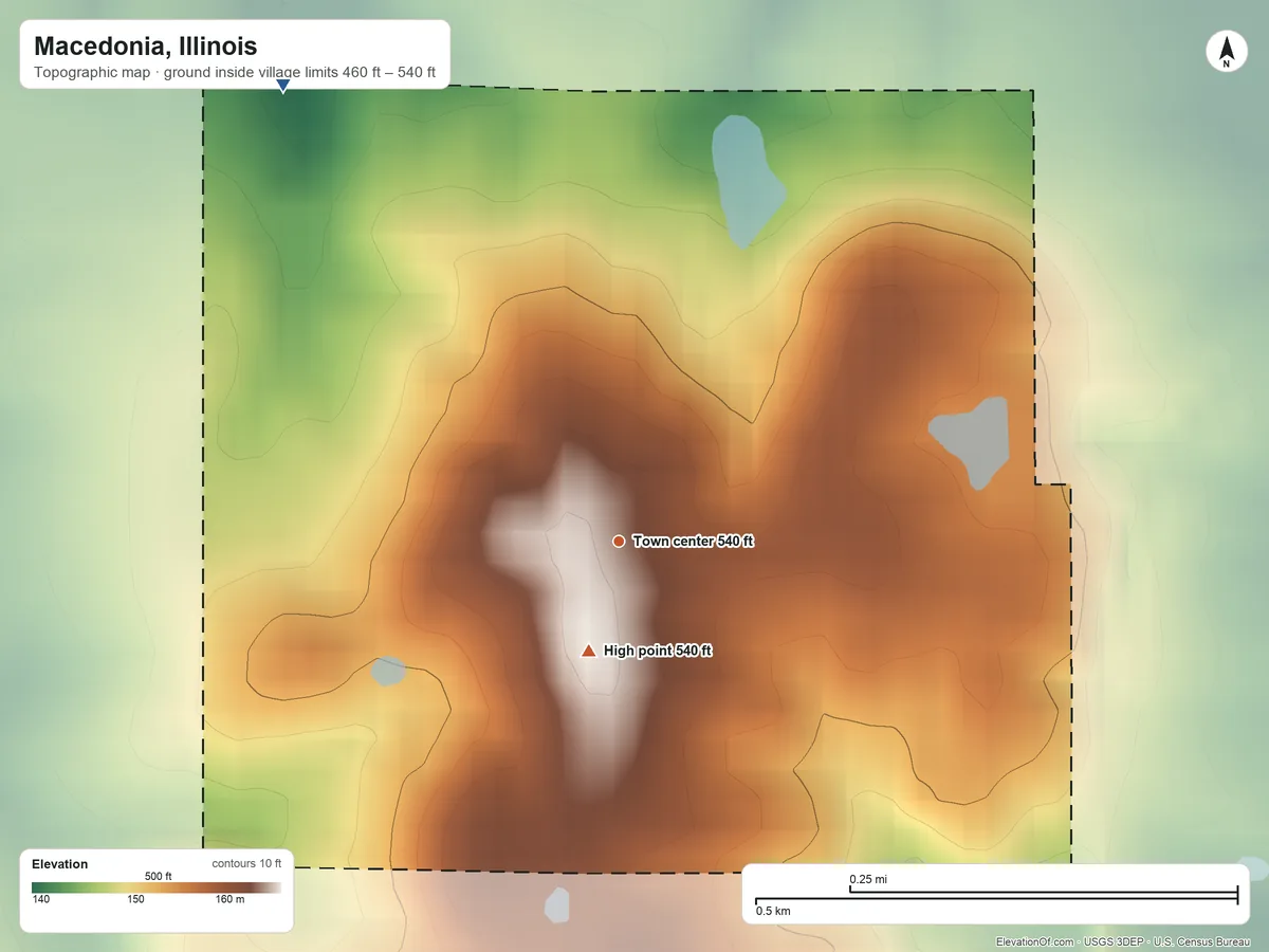 Topographic elevation map of Macedonia, Illinois, shaded from 460 ft on the northwest side to 540 ft near the middle