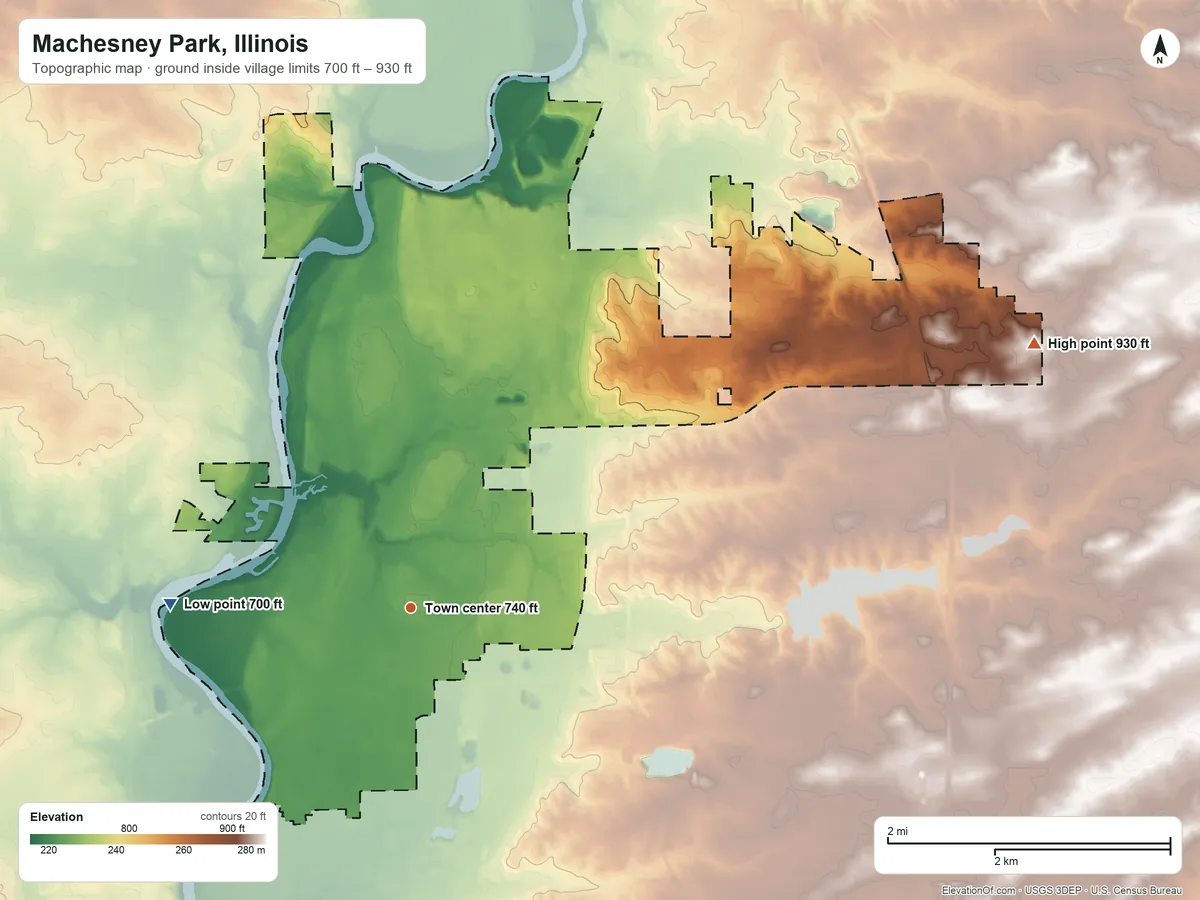 Topographic elevation map of Machesney Park, Illinois, shaded from 700 ft on the west side to 930 ft on the northeast side