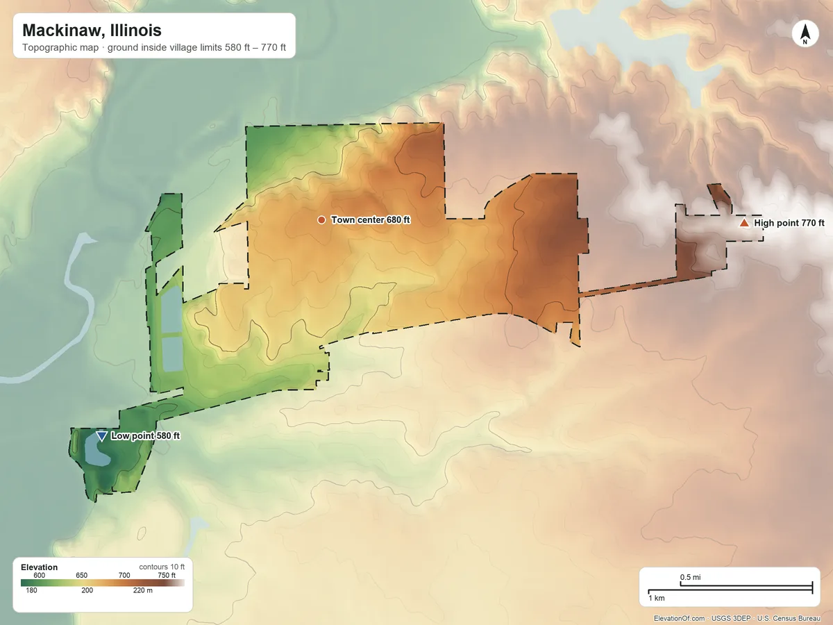 Topographic elevation map of Mackinaw, Illinois, shaded from 580 ft on the southwest side to 770 ft on the east side