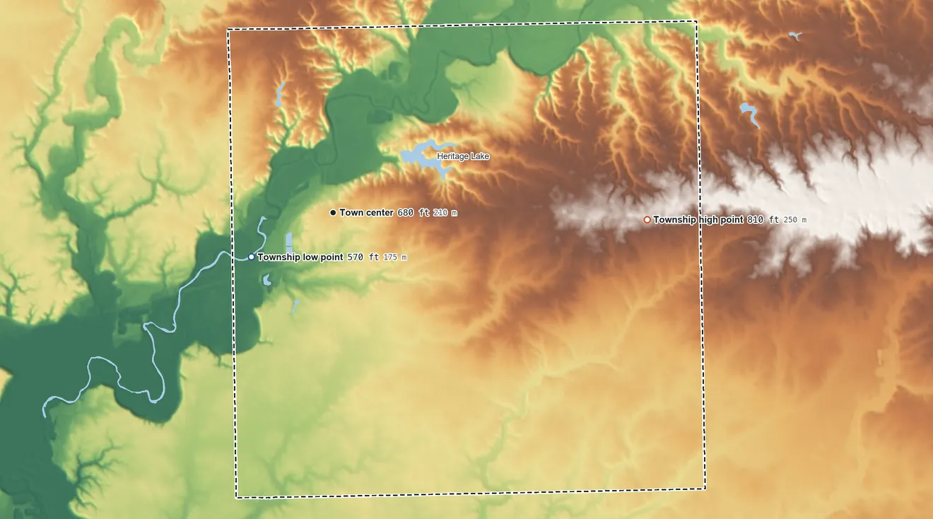 Topographic elevation map of Mackinaw Township, Illinois, shaded from 570 ft on the southwest side to 810 ft on the east side