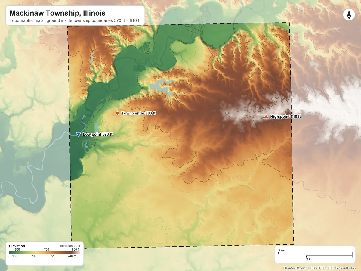 Topographic elevation map of Mackinaw Township, Illinois, shaded from 570 ft on the southwest side to 810 ft on the east side