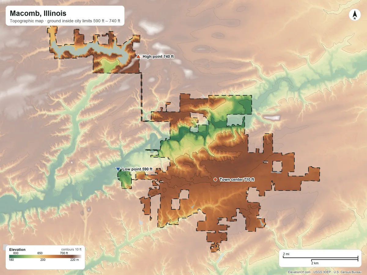 Topographic elevation map of Macomb, Illinois, shaded from 590 ft on the west side to 740 ft on the northwest side