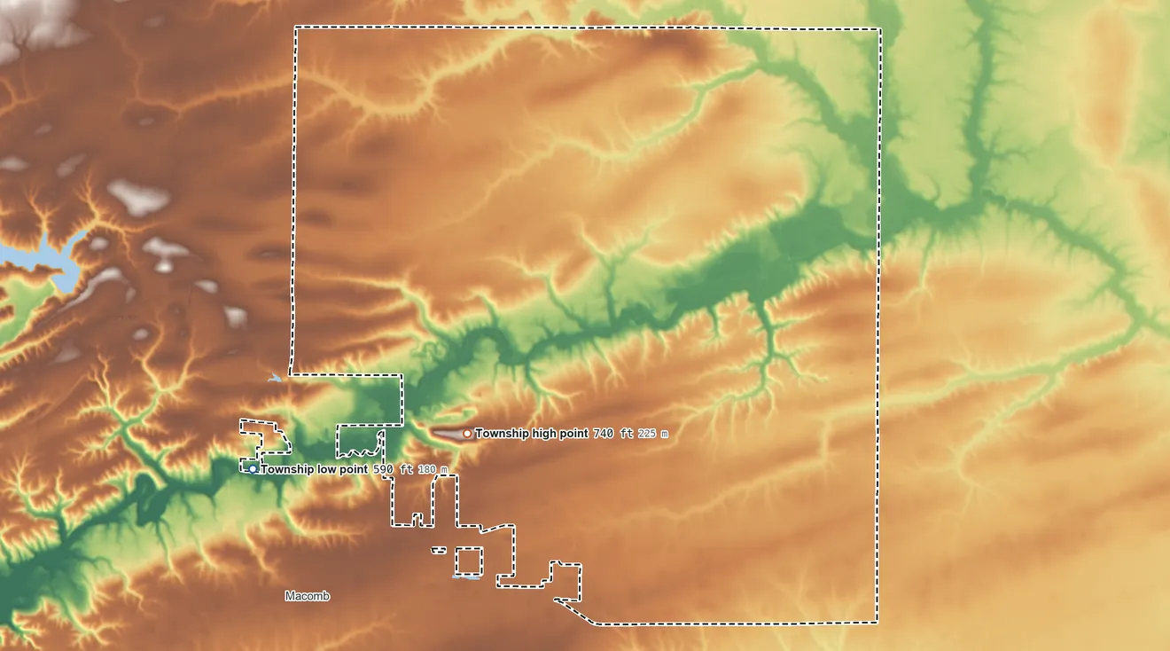 Topographic elevation map of Macomb Township, Illinois, shaded from 590 ft on the west side to 740 ft on the west side