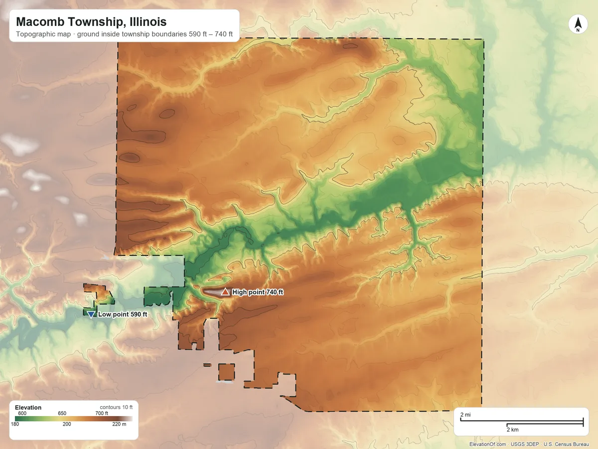 Topographic elevation map of Macomb Township, Illinois, shaded from 590 ft on the west side to 740 ft on the west side