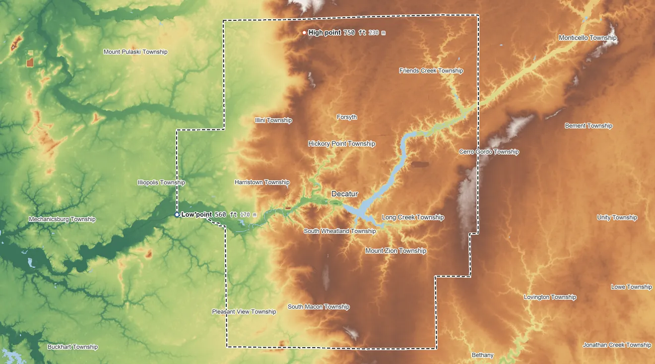 Topographic elevation map of Macon County, Illinois, shaded from 560 ft on the west side to 750 ft on the north side