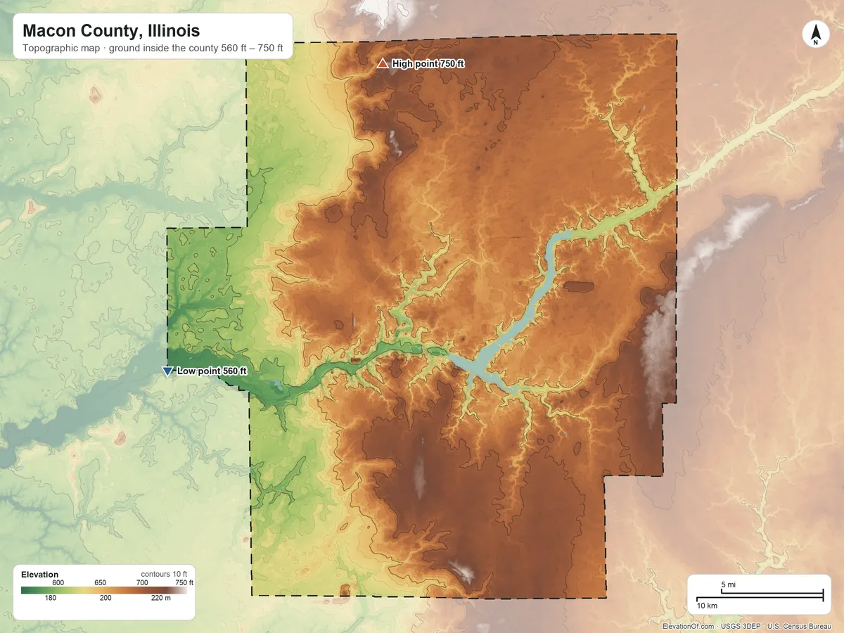 Topographic elevation map of Macon County, Illinois, shaded from 560 ft on the west side to 750 ft on the north side