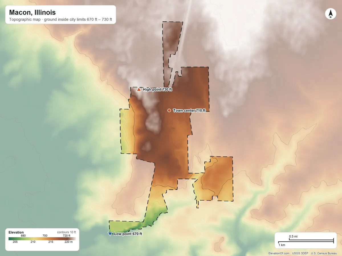 Topographic elevation map of Macon, Illinois, shaded from 670 ft on the southwest side to 730 ft on the northwest side