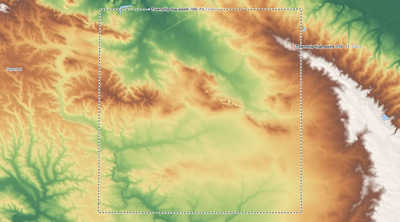 Topographic elevation map of Macon Township, Illinois, shaded from 700 ft on the northwest side to 890 ft on the east side
