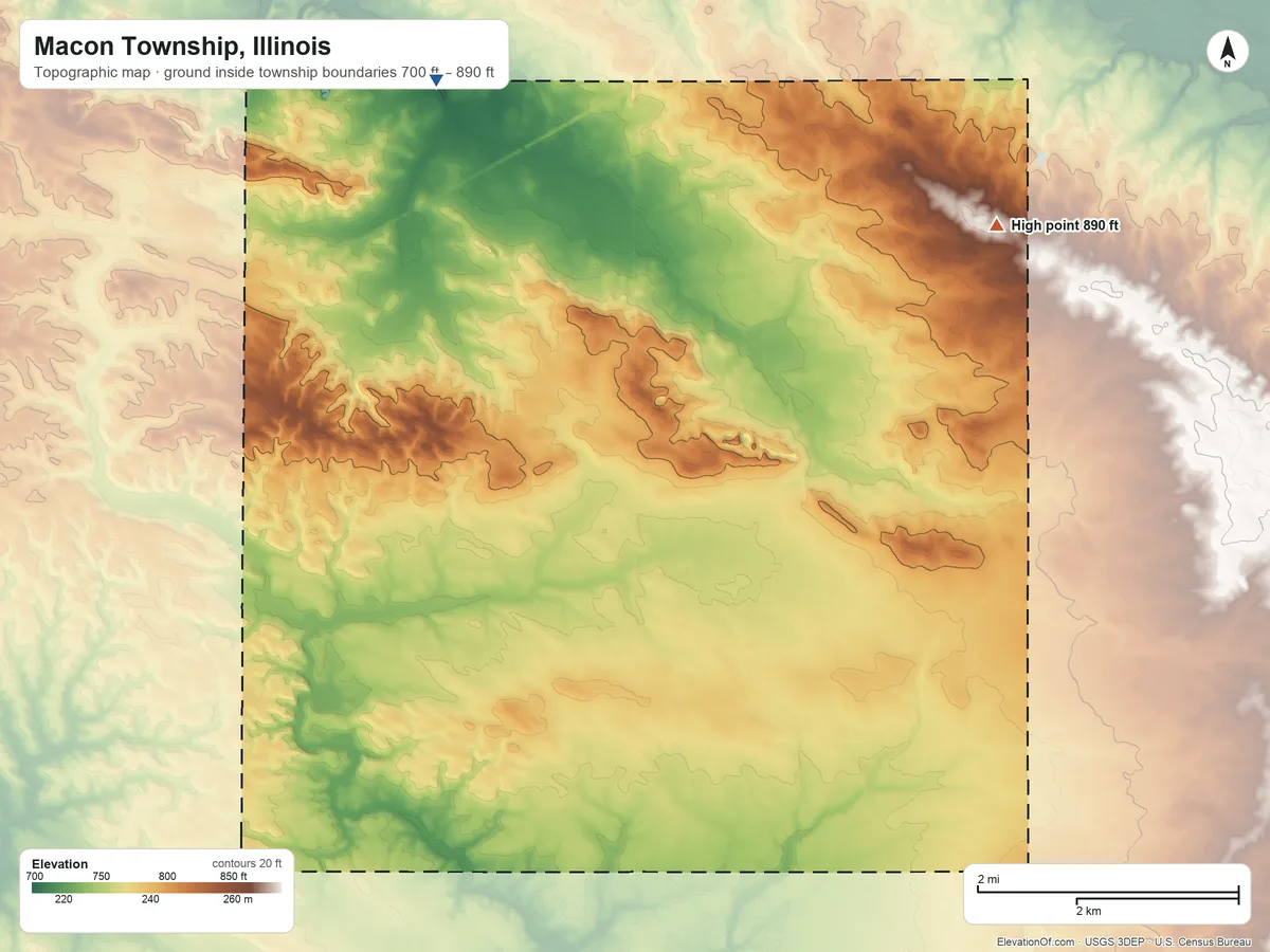 Topographic elevation map of Macon Township, Illinois, shaded from 700 ft on the northwest side to 890 ft on the east side