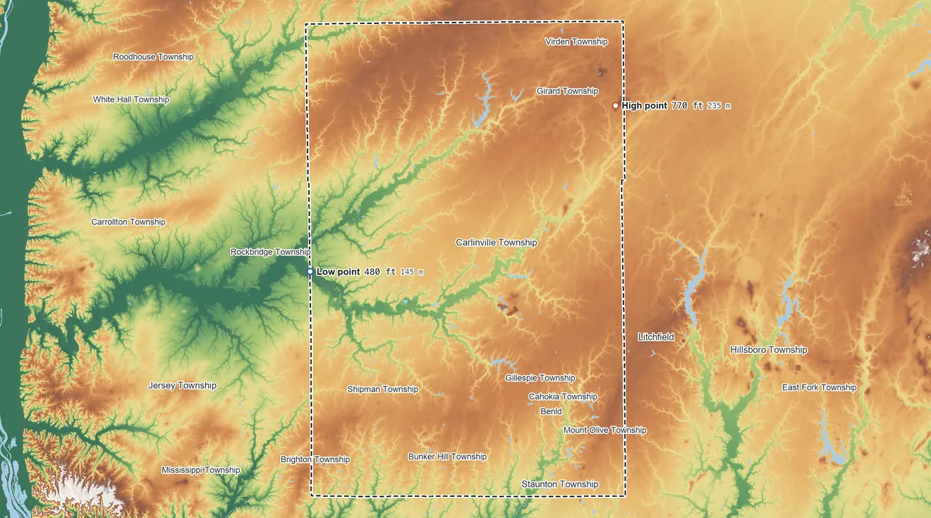 Topographic elevation map of Macoupin County, Illinois, shaded from 480 ft on the west side to 770 ft on the northeast side