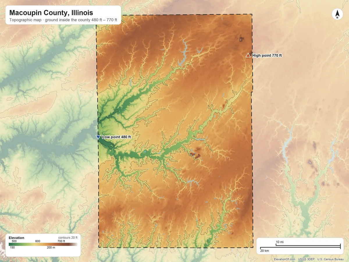 Topographic elevation map of Macoupin County, Illinois, shaded from 480 ft on the west side to 770 ft on the northeast side