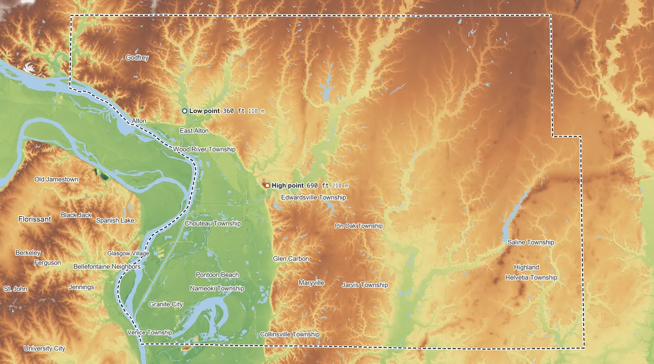 Topographic elevation map of Madison County, Illinois, shaded from 360 ft on the northwest side to 690 ft near the middle