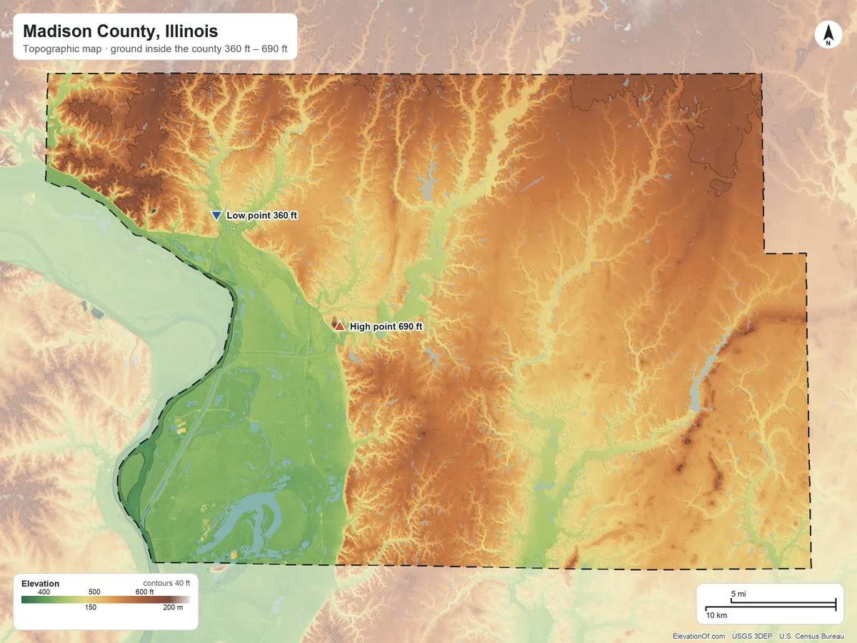 Topographic elevation map of Madison County, Illinois, shaded from 360 ft on the northwest side to 690 ft near the middle