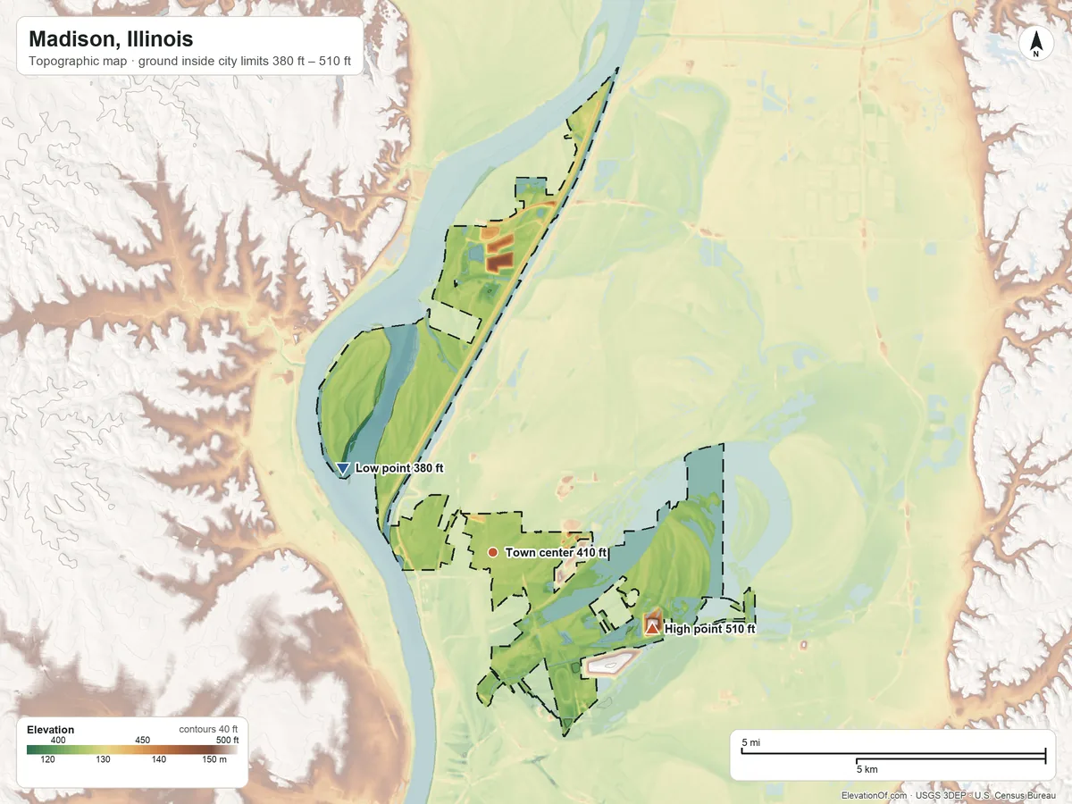 Topographic elevation map of Madison, Illinois, shaded from 380 ft on the northwest side to 510 ft on the southeast side