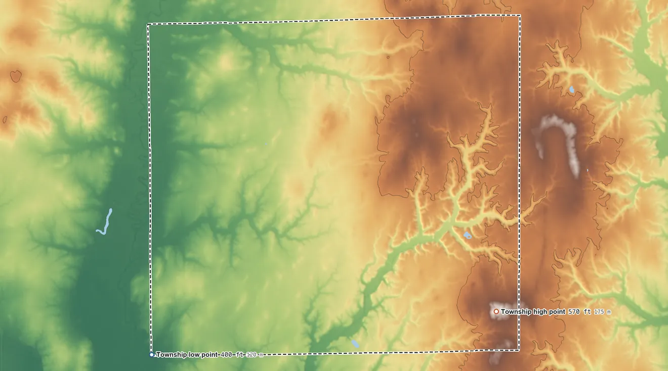 Topographic elevation map of Madison Township, Illinois, shaded from 400 ft on the southwest side to 570 ft on the southeast side
