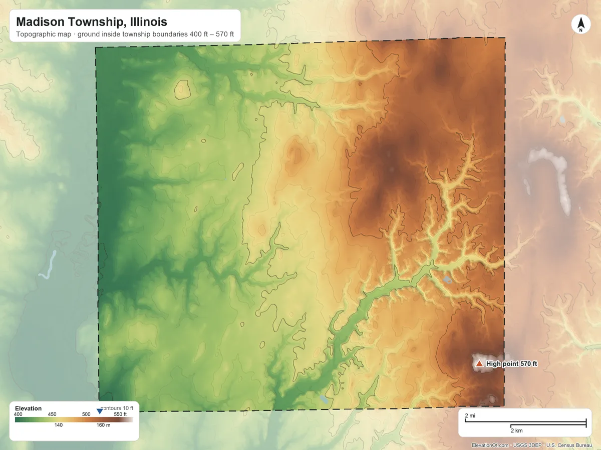 Topographic elevation map of Madison Township, Illinois, shaded from 400 ft on the southwest side to 570 ft on the southeast side
