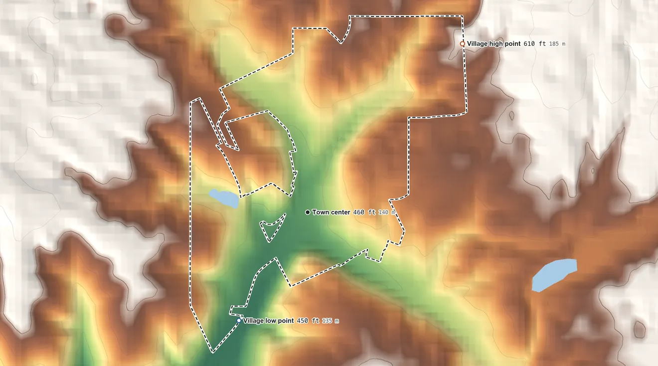 Topographic elevation map of Maeystown, Illinois, shaded from 450 ft on the southwest side to 610 ft on the northeast side