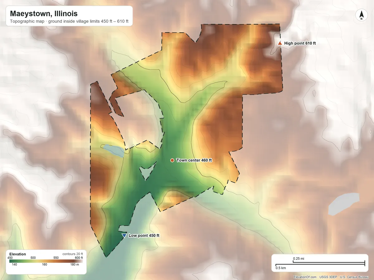 Topographic elevation map of Maeystown, Illinois, shaded from 450 ft on the southwest side to 610 ft on the northeast side