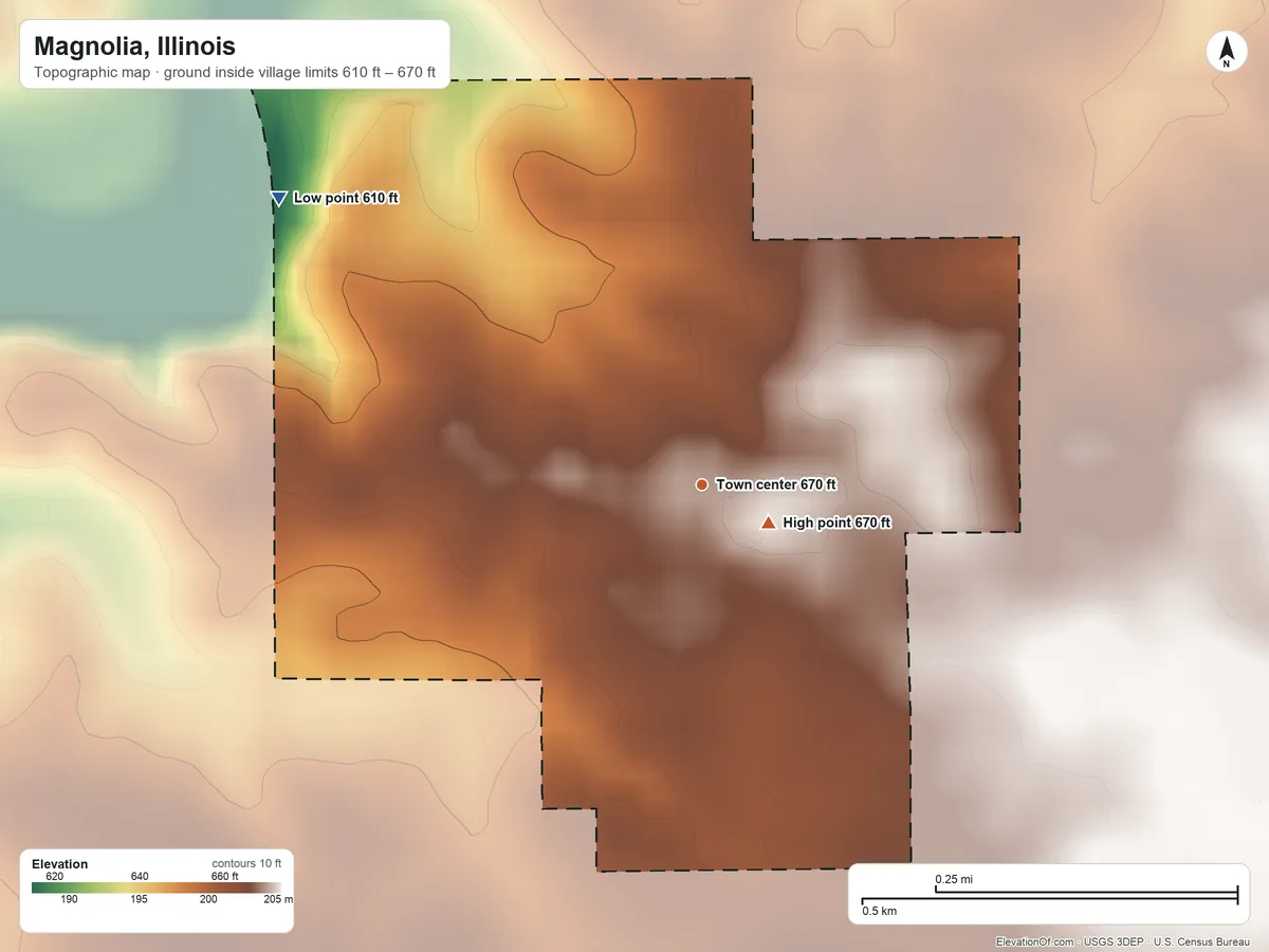 Topographic elevation map of Magnolia, Illinois, shaded from 610 ft on the northwest side to 670 ft near the middle