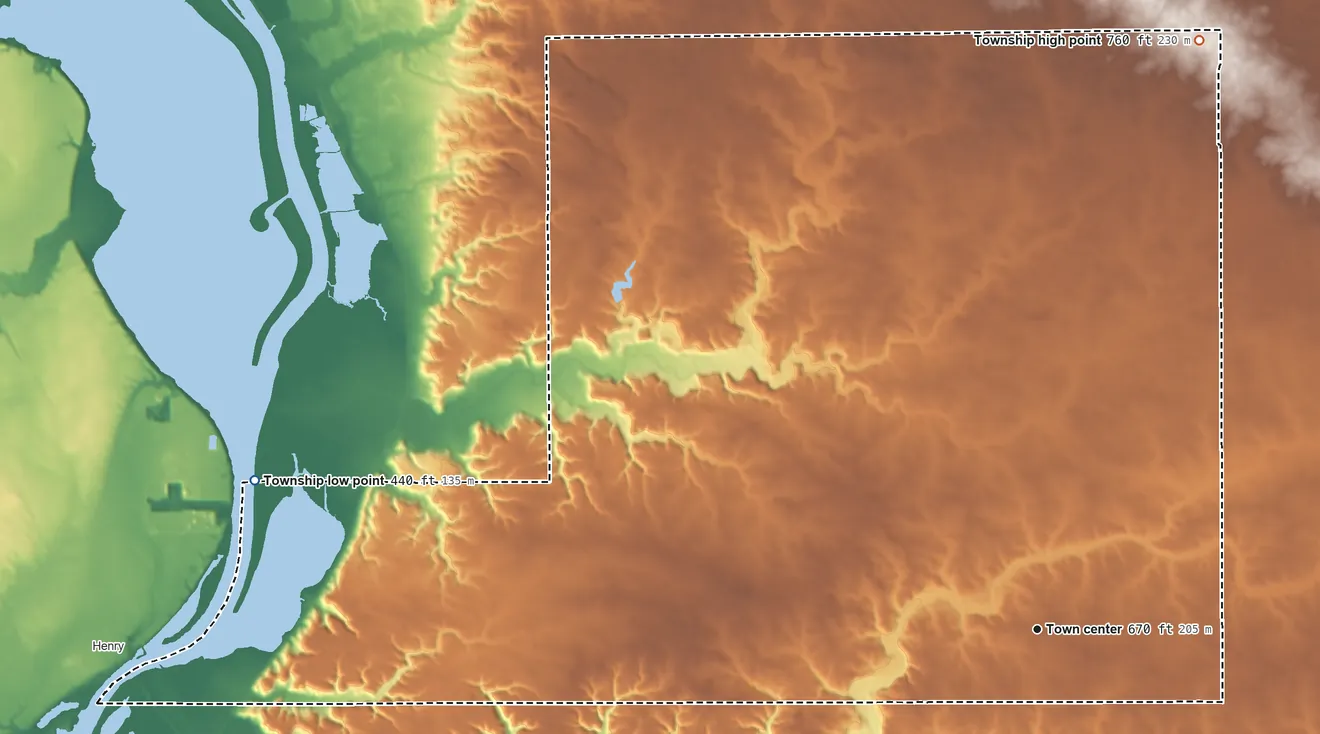 Topographic elevation map of Magnolia Township, Illinois, shaded from 440 ft on the west side to 760 ft on the north side