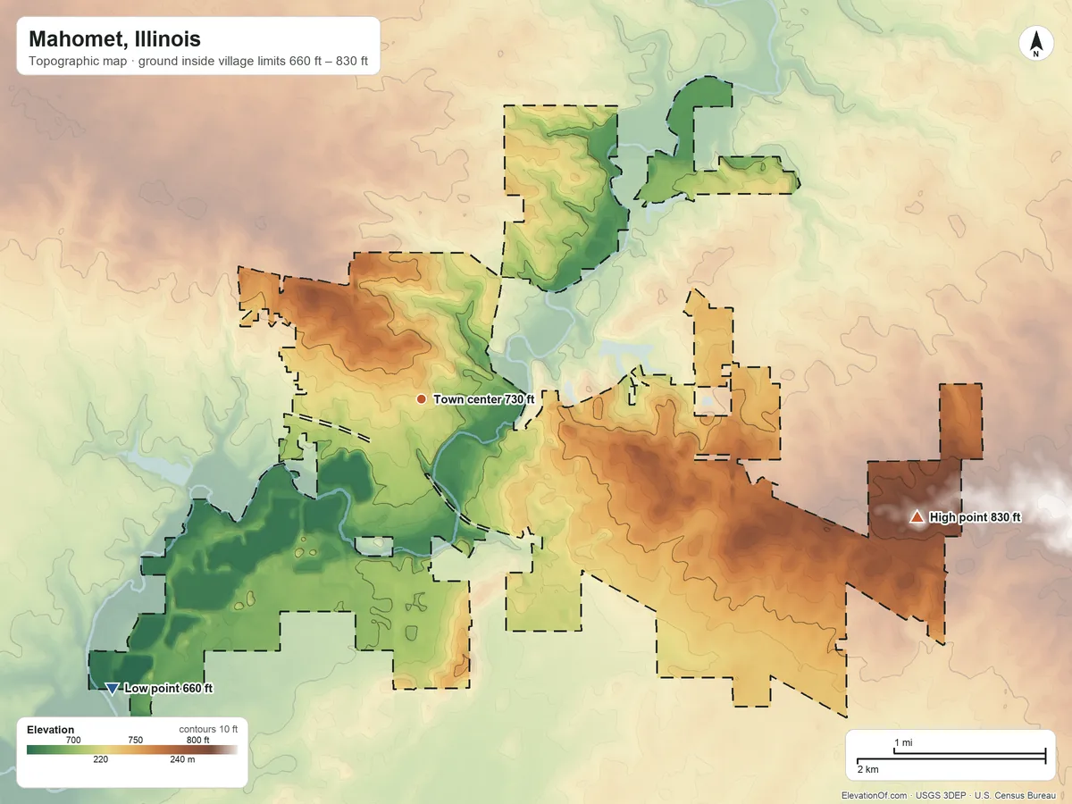 Topographic elevation map of Mahomet, Illinois, shaded from 660 ft on the southwest side to 830 ft on the east side
