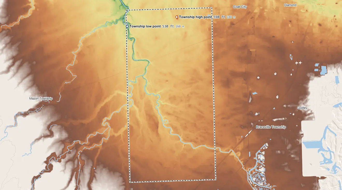 Topographic elevation map of Maine Township, Grundy County, Illinois, shaded from 530 ft on the northwest side to 590 ft on the north side