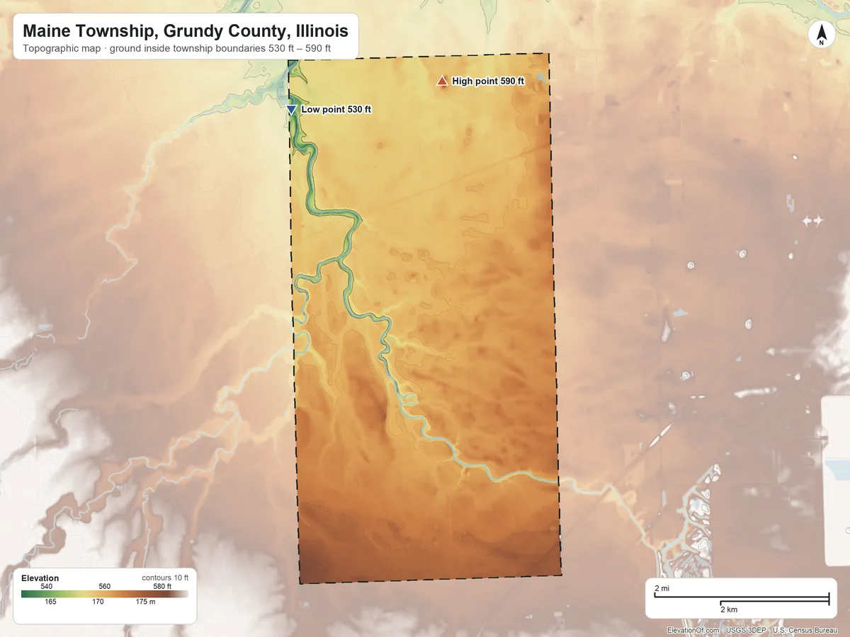 Topographic elevation map of Maine Township, Grundy County, Illinois, shaded from 530 ft on the northwest side to 590 ft on the north side