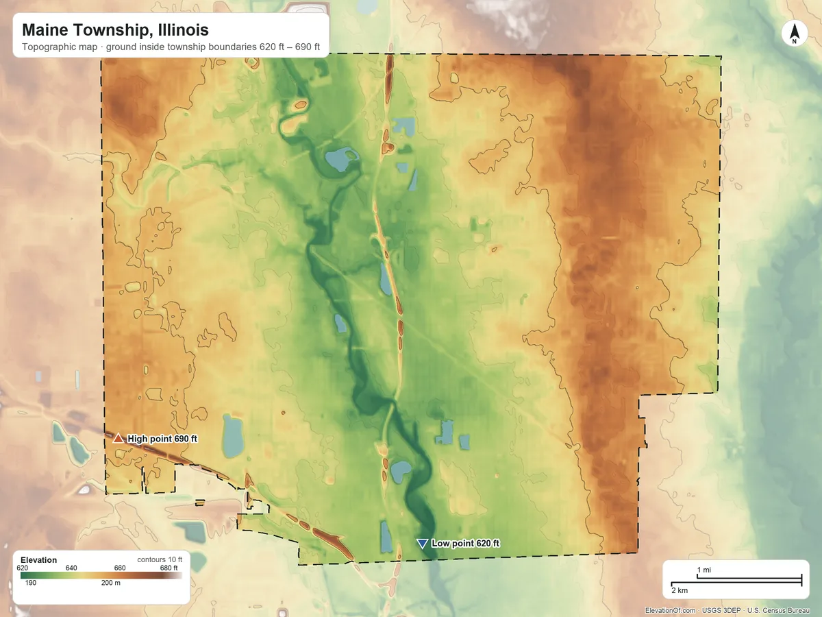 Topographic elevation map of Maine Township, Illinois, shaded from 620 ft on the south side to 690 ft on the southwest side