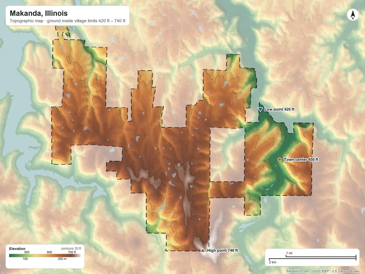 Topographic elevation map of Makanda, Illinois, shaded from 420 ft on the north side to 740 ft on the southwest side