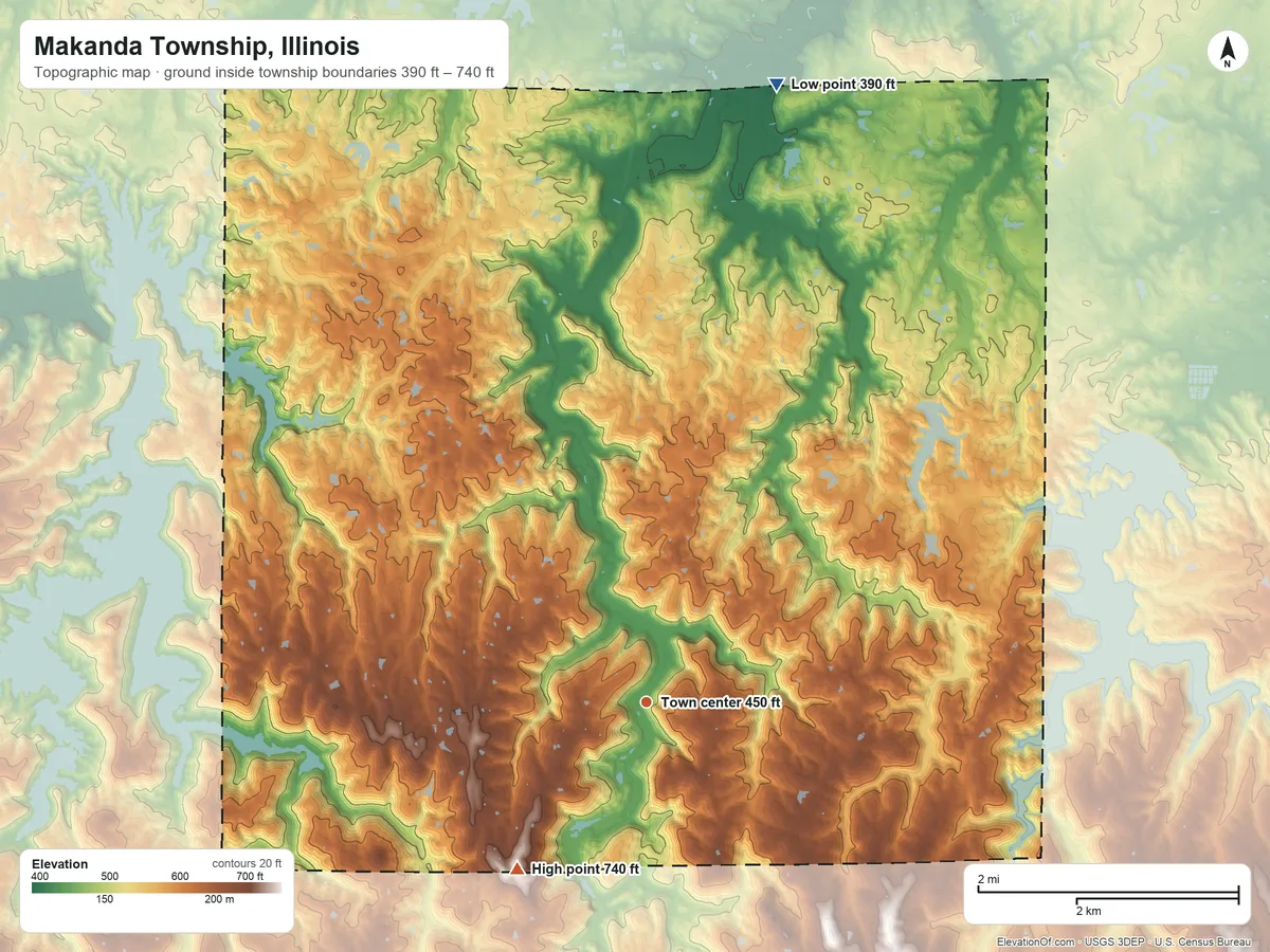 Topographic elevation map of Makanda Township, Illinois, shaded from 390 ft on the north side to 740 ft on the southwest side