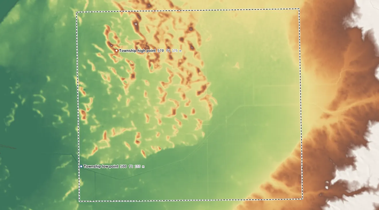 Topographic elevation map of Malone Township, Illinois, shaded from 500 ft on the southwest side to 570 ft on the northwest side