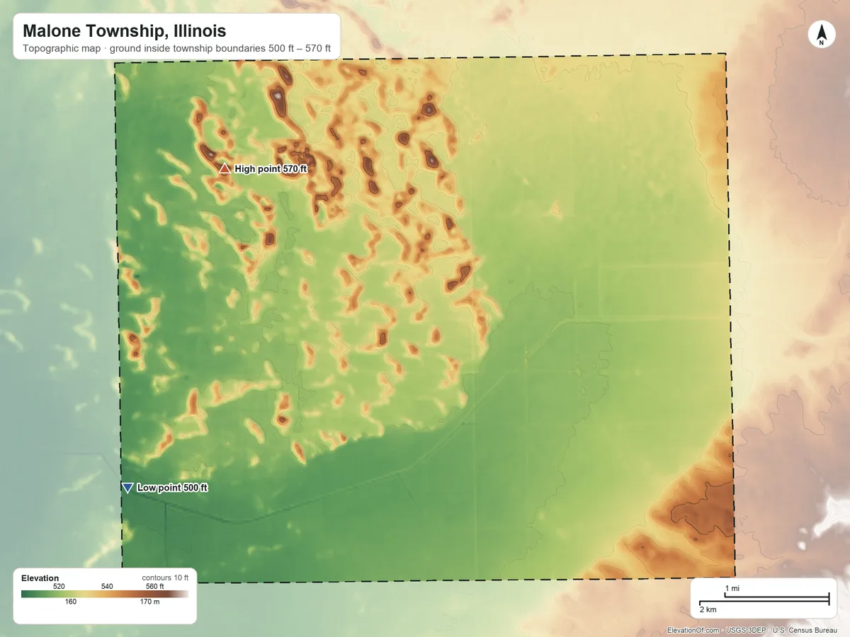 Topographic elevation map of Malone Township, Illinois, shaded from 500 ft on the southwest side to 570 ft on the northwest side